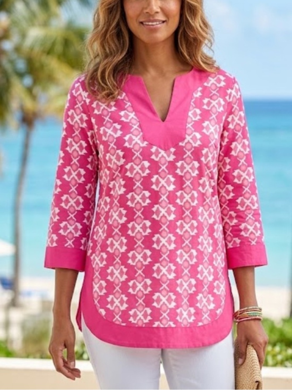 🇪🇸🥑Caribbean Joe tunic top 100% cotton hot pink white v neck side slits